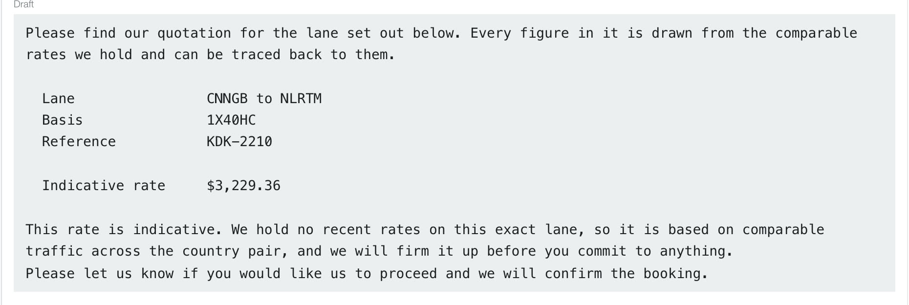 A quotation the system drafted, held for approval.